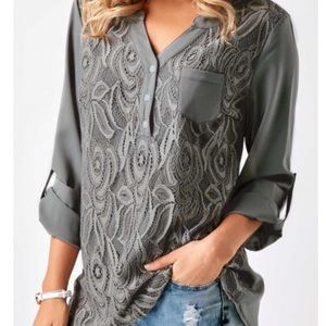 🔥🔥RollTab Sleeve Lace Panel Blouse Large *New